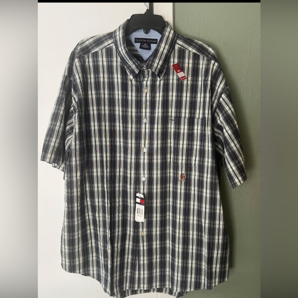 NWT Tommy Hilfiger XXL SSlv Seersucker BLUE plaid Casual Button Collar Y2K '01